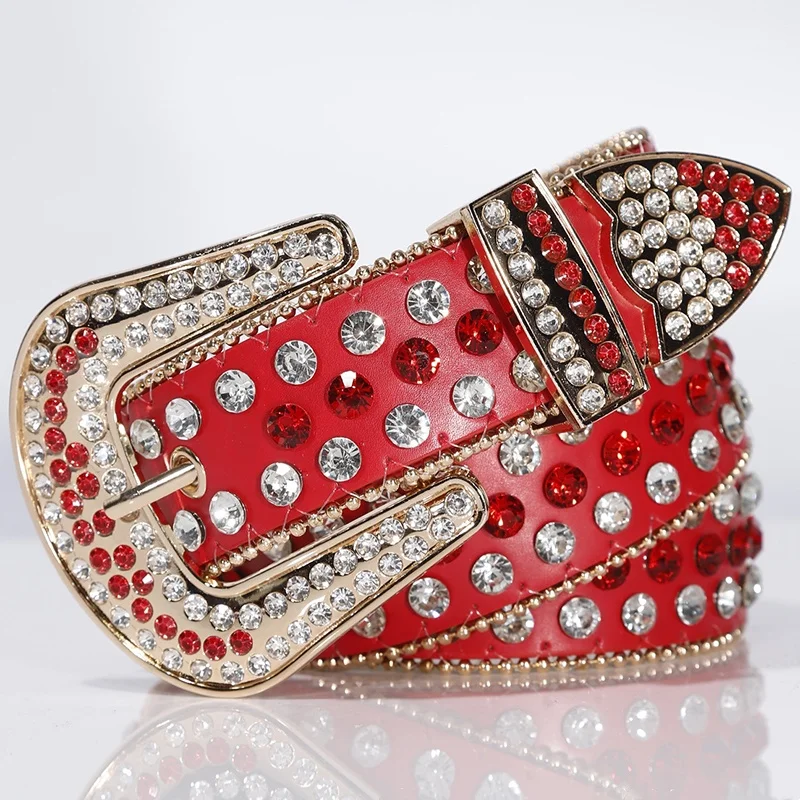 

Мужские повседневные ремни в стиле хип-хоп и рок, украшенные стразами, красные, из мягкой кожи, с пряжкой, поясные ремни, дизайнерские пояса для женщин