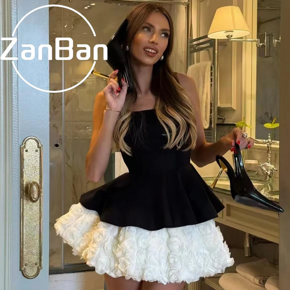 ZanBan Luxury Handmade Roses Cocktail Party Prom Dresses Strapless Lace Satin Above Knee Evening Dress Woman Elegant Customized