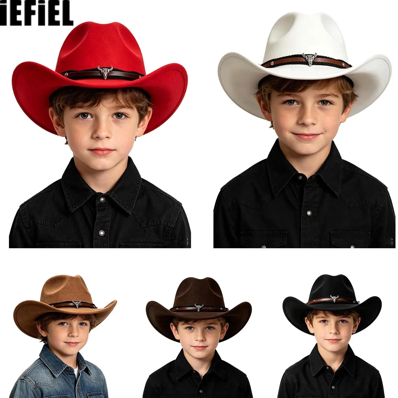 Kids Boys Girls Western Cowboy Wide-brimmed Hat Cap with Retro Band And Bull-shaped Decoration for Halloween Cosplay