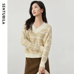 SENTUBILA Contrast Striped Sweater Pullover for Women 2024 Winter Knitwear Loose Drop Sleeve V Neck Jumpers Ladies Top W44E57425