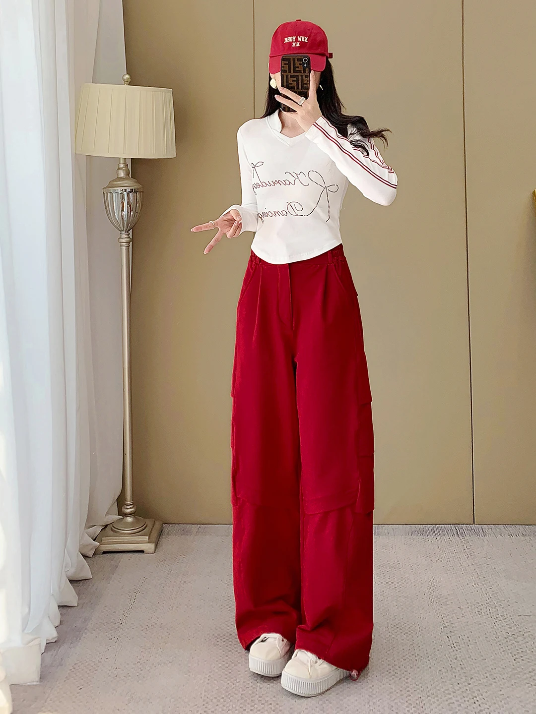 sweet-cool-casual-sportswear-set-women's-slimming-long-sve-t-irt-and-wide-leg-pants-two-piece-set-for-younger-looking