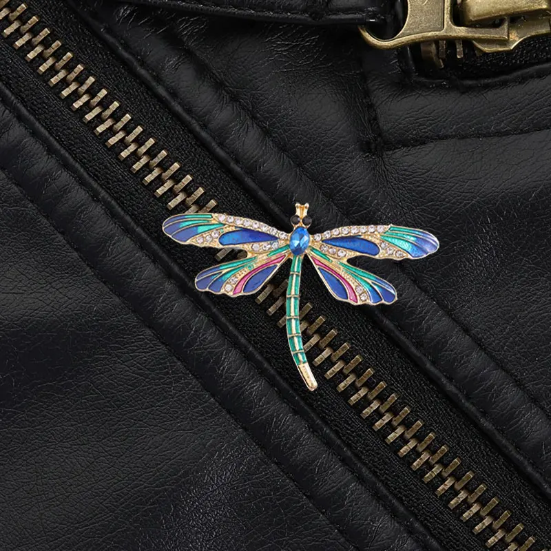 Rhinestone Dragonfly Lapel Pin Blue Green Enamel Wing Insect Brooch Lightweight Metal Badge Ornament for Jacket Bag