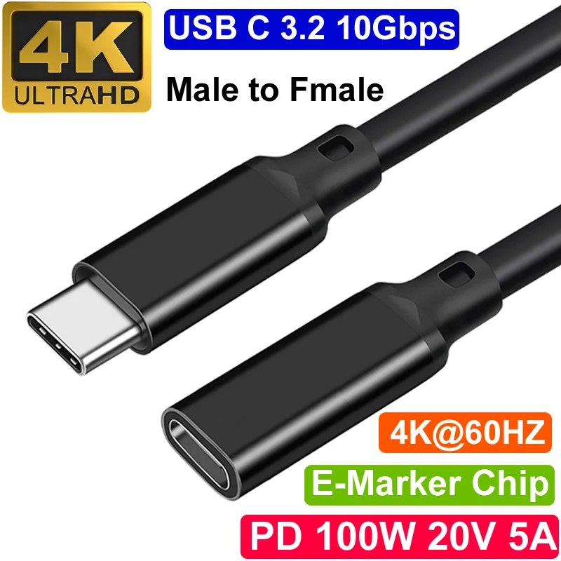 

USB 3.2 Gen2 Type C Extension Cable Male to Female 20V 5A Gen 2 10Gbps 4K PD 100W For MacBook Xiaomi Laptop Phone Fast Charger