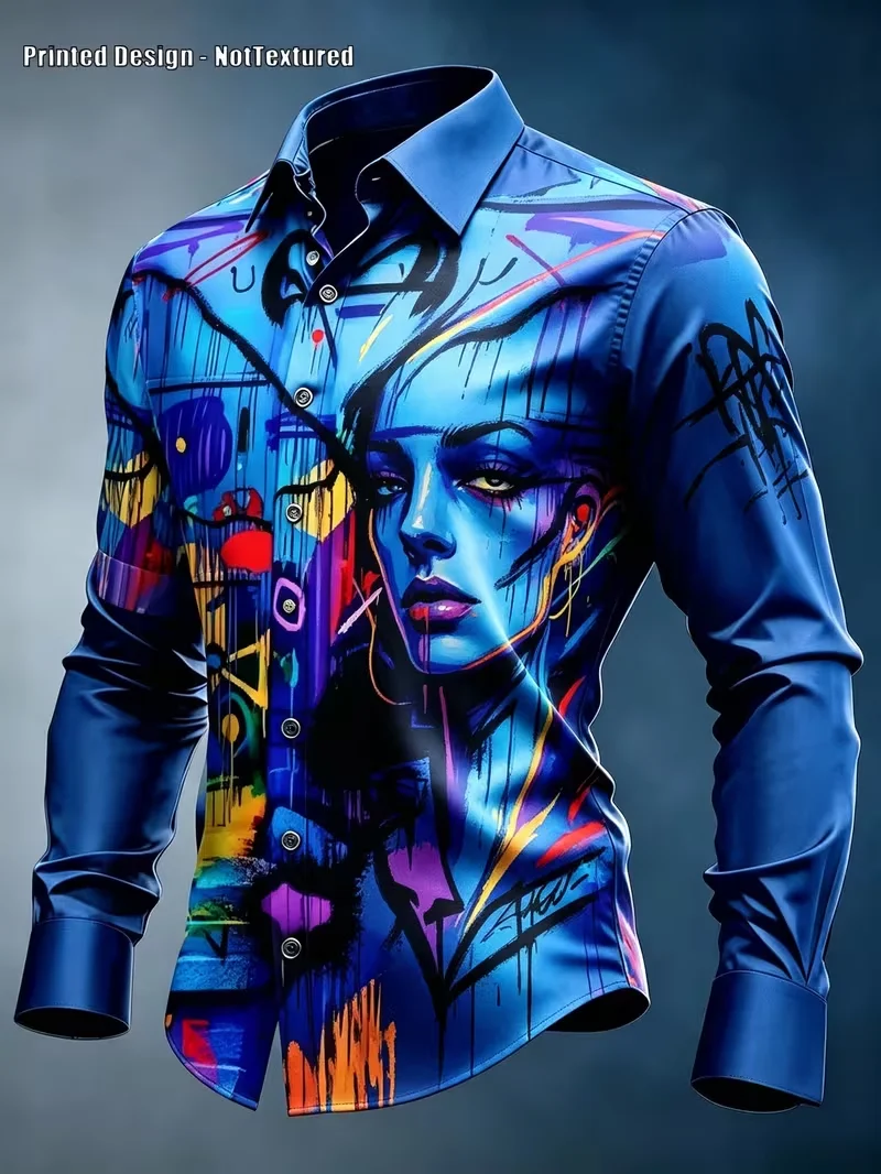 New Street Graffiti Portrait Art 3D Printed Shirt Trendy Brand High Gloss Men's Slim Fit Long Sleeve Shirt