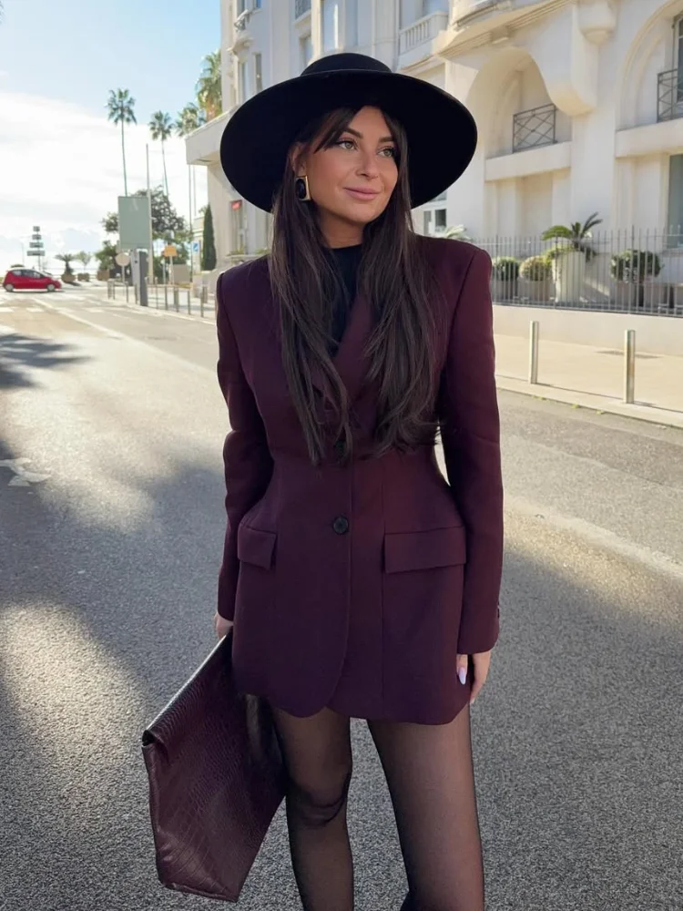 Women Burgundy Red Elegant Lapel Fitted Waist Jacket Vintage Single Breasted Full Sleeve Coats 2024 Autumn Lady Office Outerwear