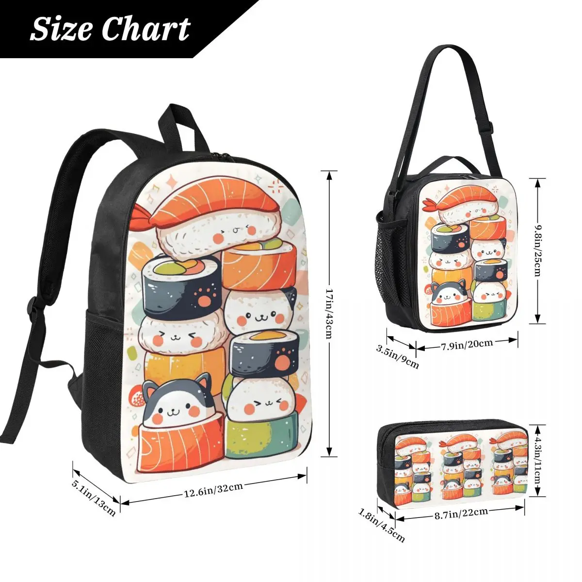 Adorable Sushi Pattern Cartoon Backpack Boys Girls BookBag School Bag Computer Shoulder Bags 3ps Insulated Lunch Bag Pencil Case