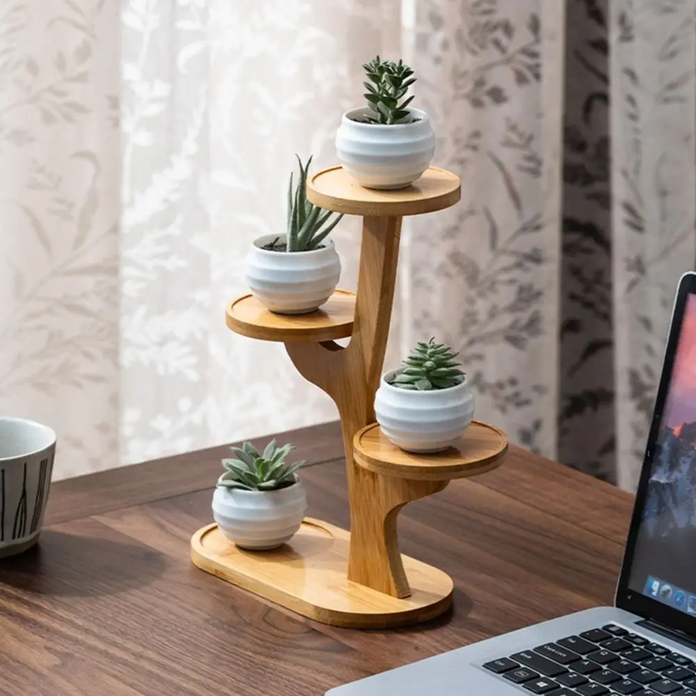 1pc Multi-functional Bamboo Plant Stand Tree-Shaped Multi-Tier Flower Pot Holder Desktop Decor Flowerpot Tray Home Office