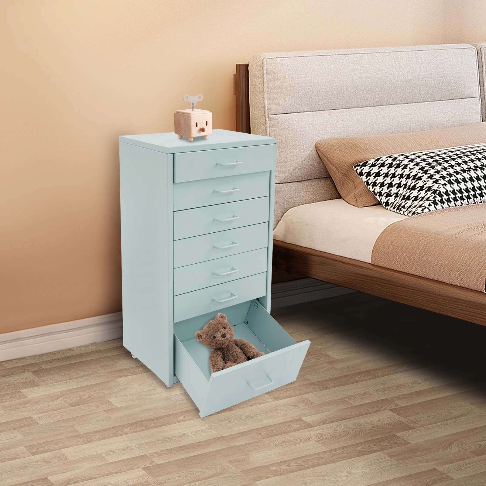 

File Cabinet, 7 Drawer Mobile Nightstand, Rolling Storage Cabinet for Bedroom, Living Room, Office, Steel & Electrostatic Coating, Anti Rust, Sage Green