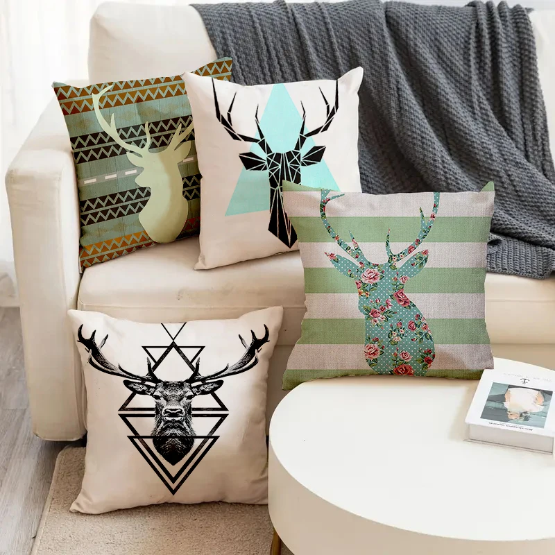 

Ins Style Animal Elk Deer Pattern Printed Soft Square Pillowslip Linen Blend Cushion Cover Pillowcase Living Room Home Decor