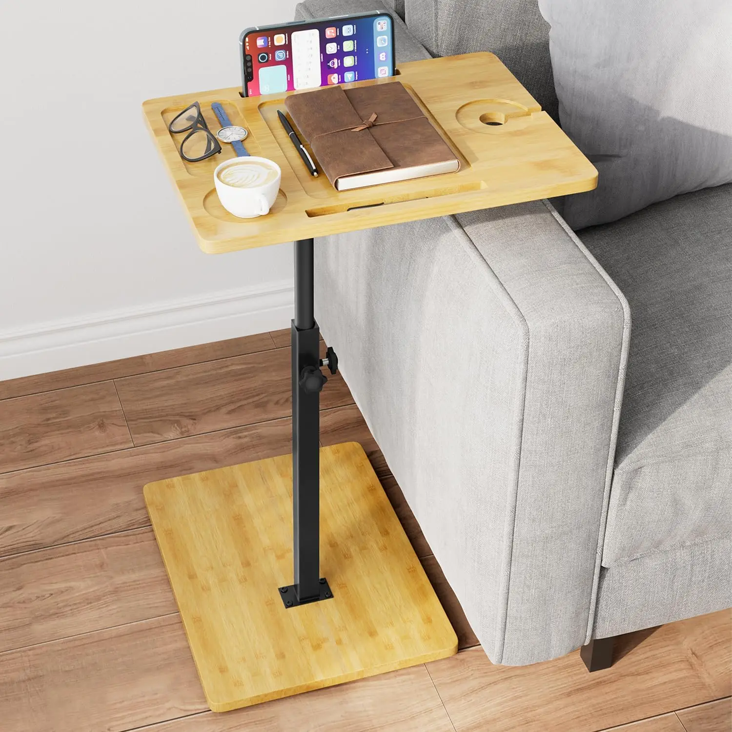 Bambus C Tisch Beistelltisch, höhenverstellbar 360° ° Drehbares TV-Tablett für Couch, Snack-Beistelltische mit Telefon- und Tablet-Steckplatz für Badewanne