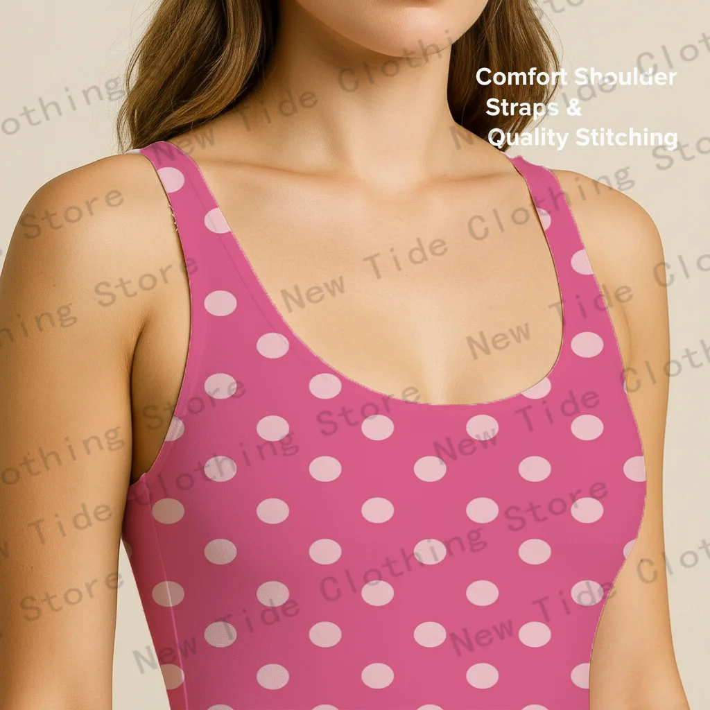 Damski różowo-biały strój kąpielowy jednoczęściowy w grochy, bez rękawów, dopasowany, na plażę, wakacje letnie, do basenu.