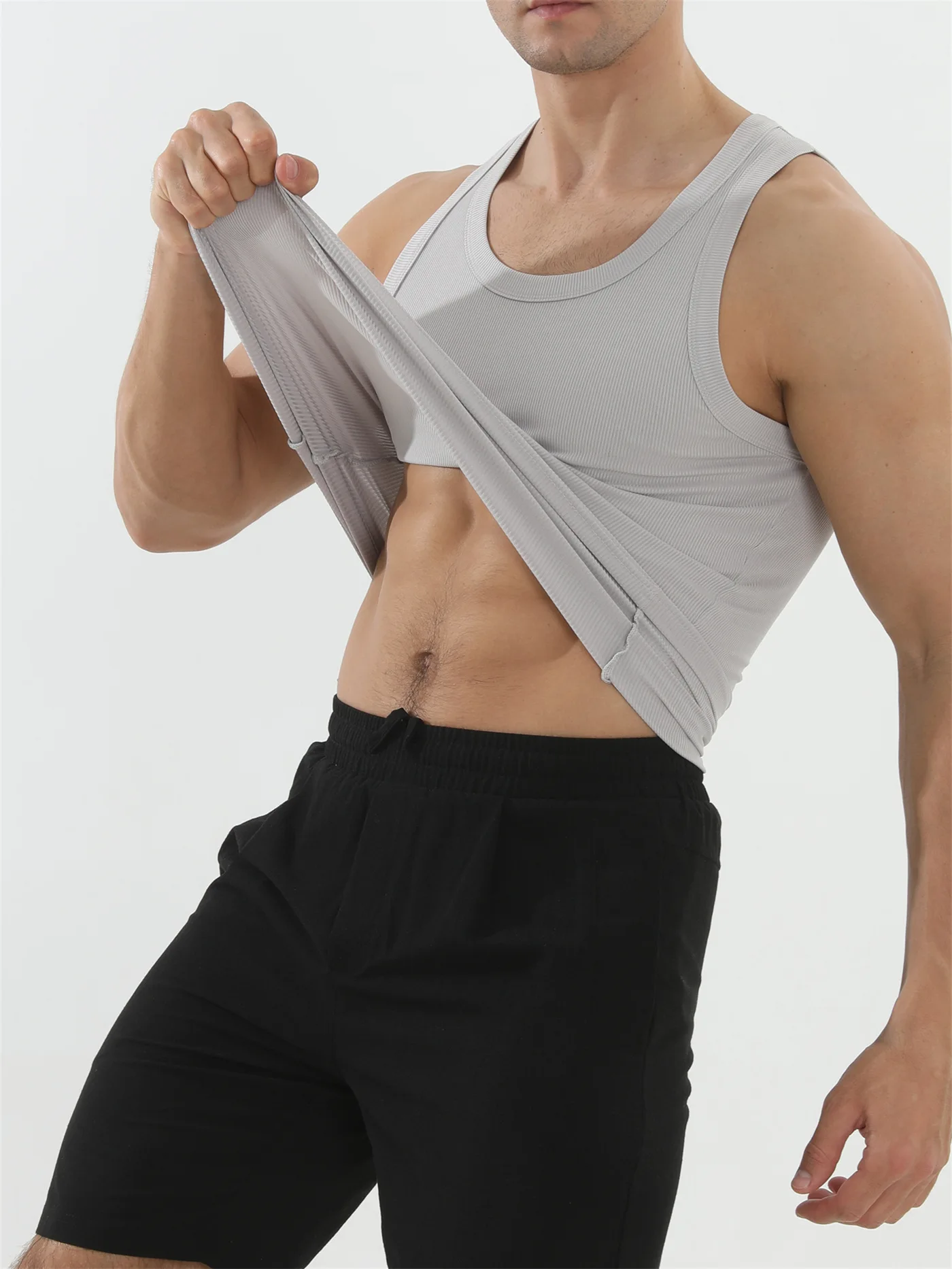 Summer Men's Stretch Breathable Vest Ribbed Fabric Slim Fit Shows Body Shape Gym Training Running Sports Sleeveless T-Shirt