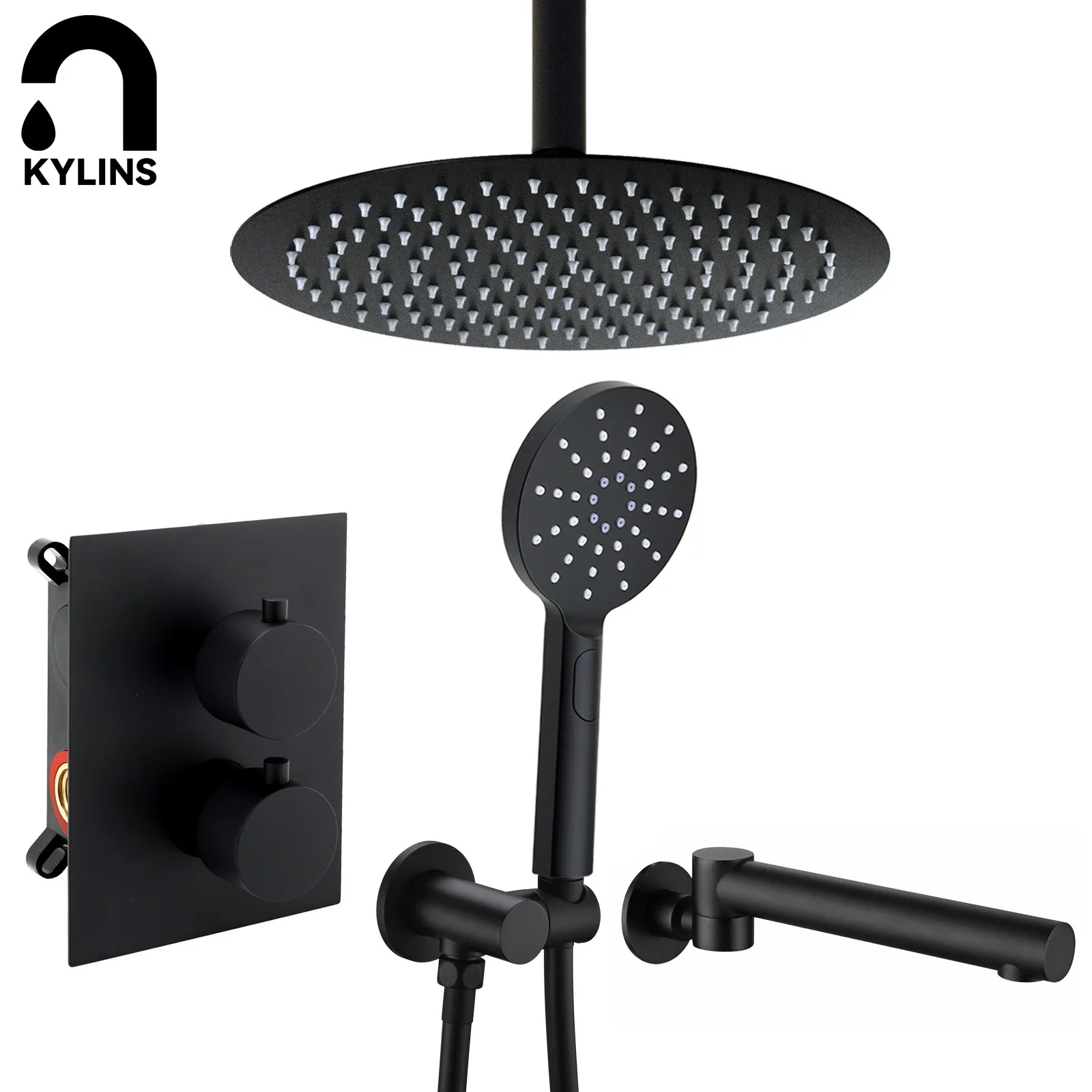 KYLINS Black Bathroom Shower Faucet Set Wall Ceiling Mount Rainfall Shower Head Diverter Bath Bathtub Mixer With Hand Shower