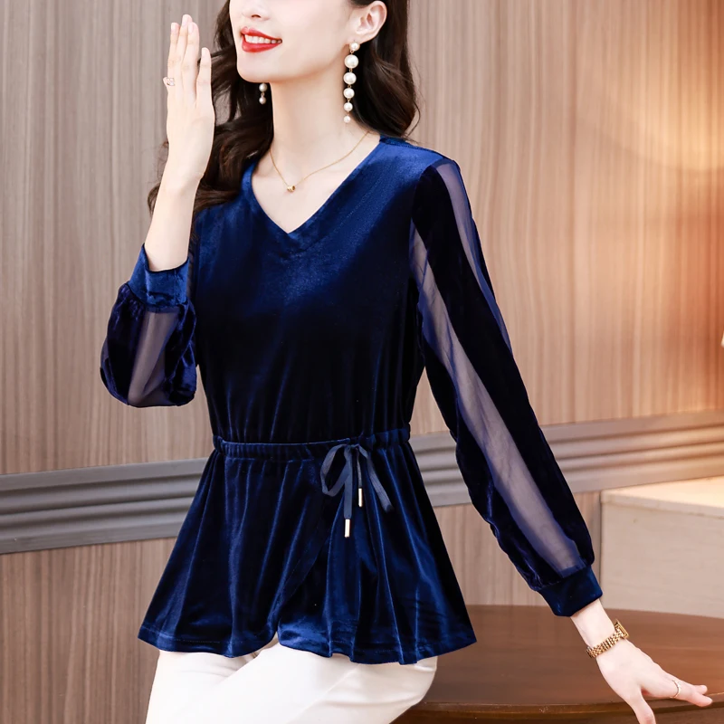 

2025 Autumn Winter Clothes Women Gold Velvet Blouse Slim Lace-up Long Sleeve Shirt Ruffles Casual Tops Blusa