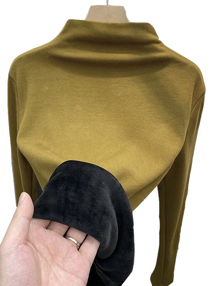 기본 롱 슬리브 안감 있는 심플 티셔츠 여성용 가을 겨울 하이 칼라 보온 탑 이너웨어 베이스 레이어