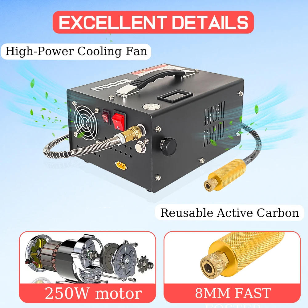 NUOGE 4500Psi 30Mbar Portable PCP Air Compressor Pump 12VDC/110V/220V Power Oil/Water-Free High Pressure Diving Bottle