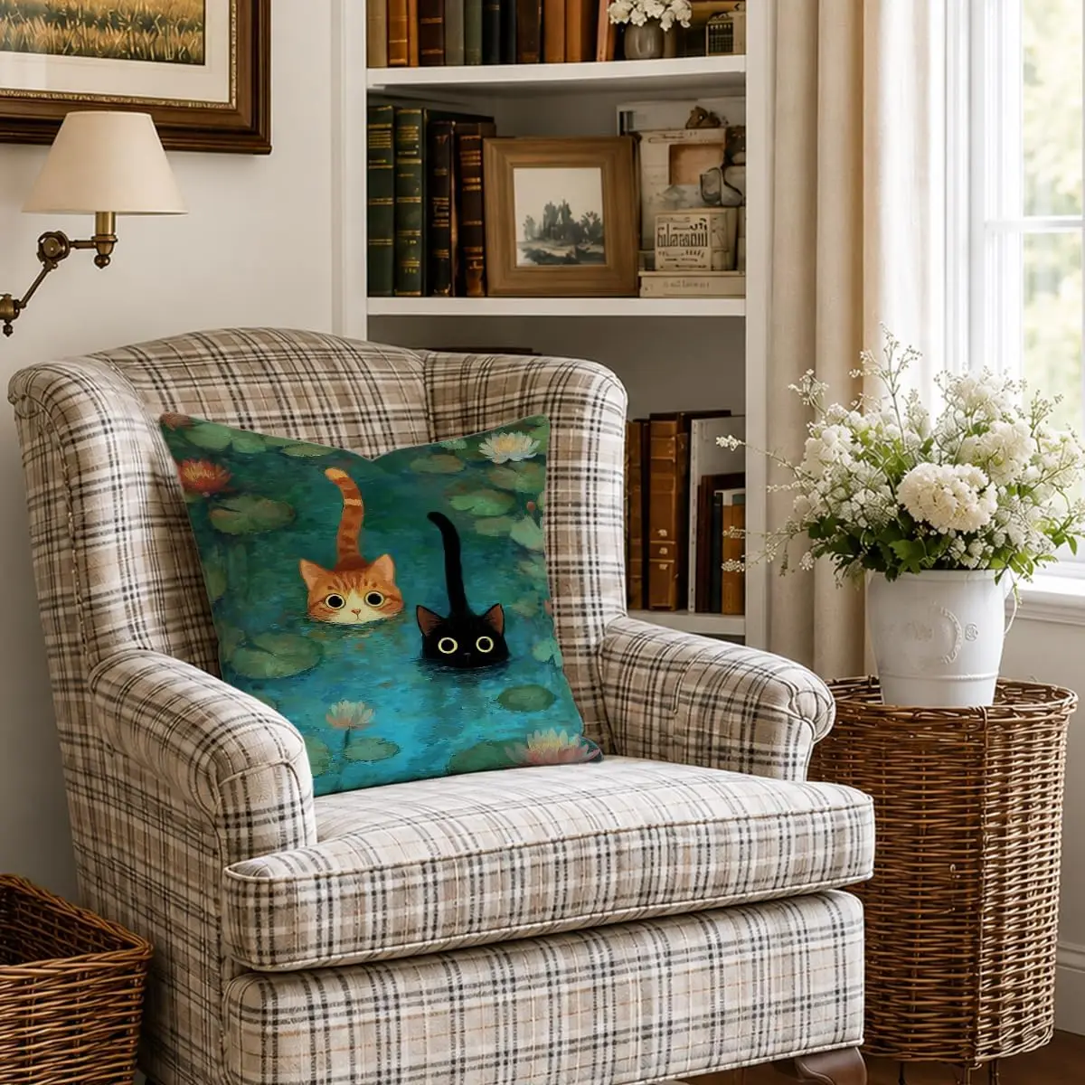 Cute Cats in Lotus Pond Pillowcase Throw Pillow Cover Decorative Home Decor Gifts