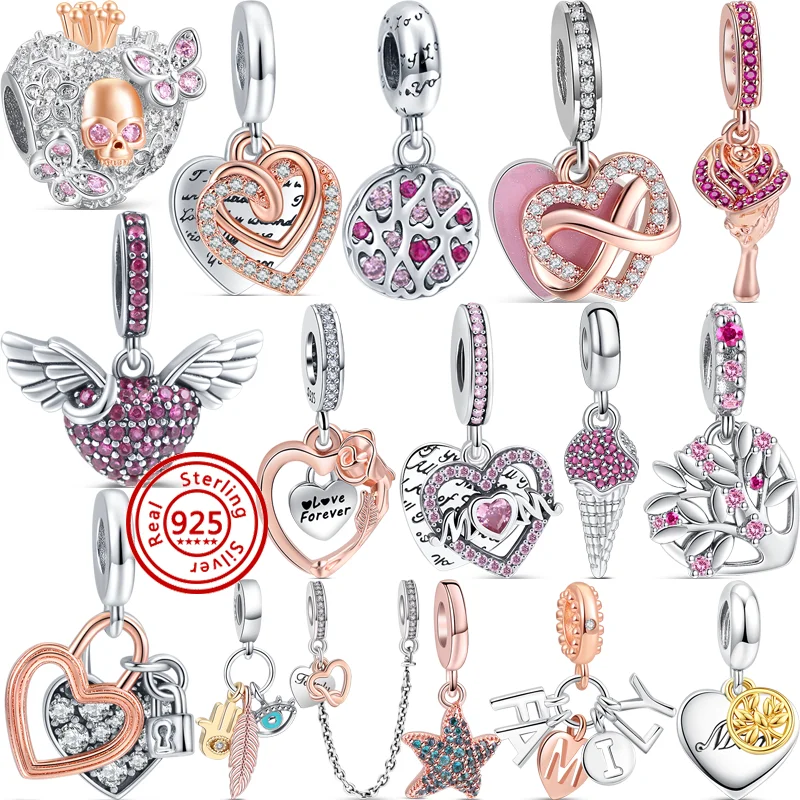 

New 925 Silver Pink Heart Flowers Tree Family Pendant Forever Love Beads Fit Original Pandora Charms Bracelet Fine DIY Jewelry