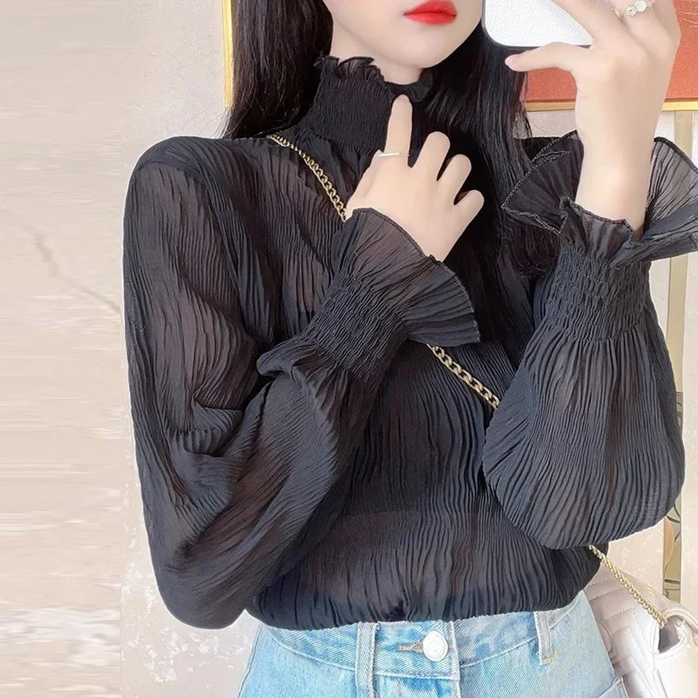 

Women's Black Apricot Color Shirt Sweet Pleated Petal High Collar Shirt Flared Sleeve Goth Top Formal Wear Long Sleeved T-shirt