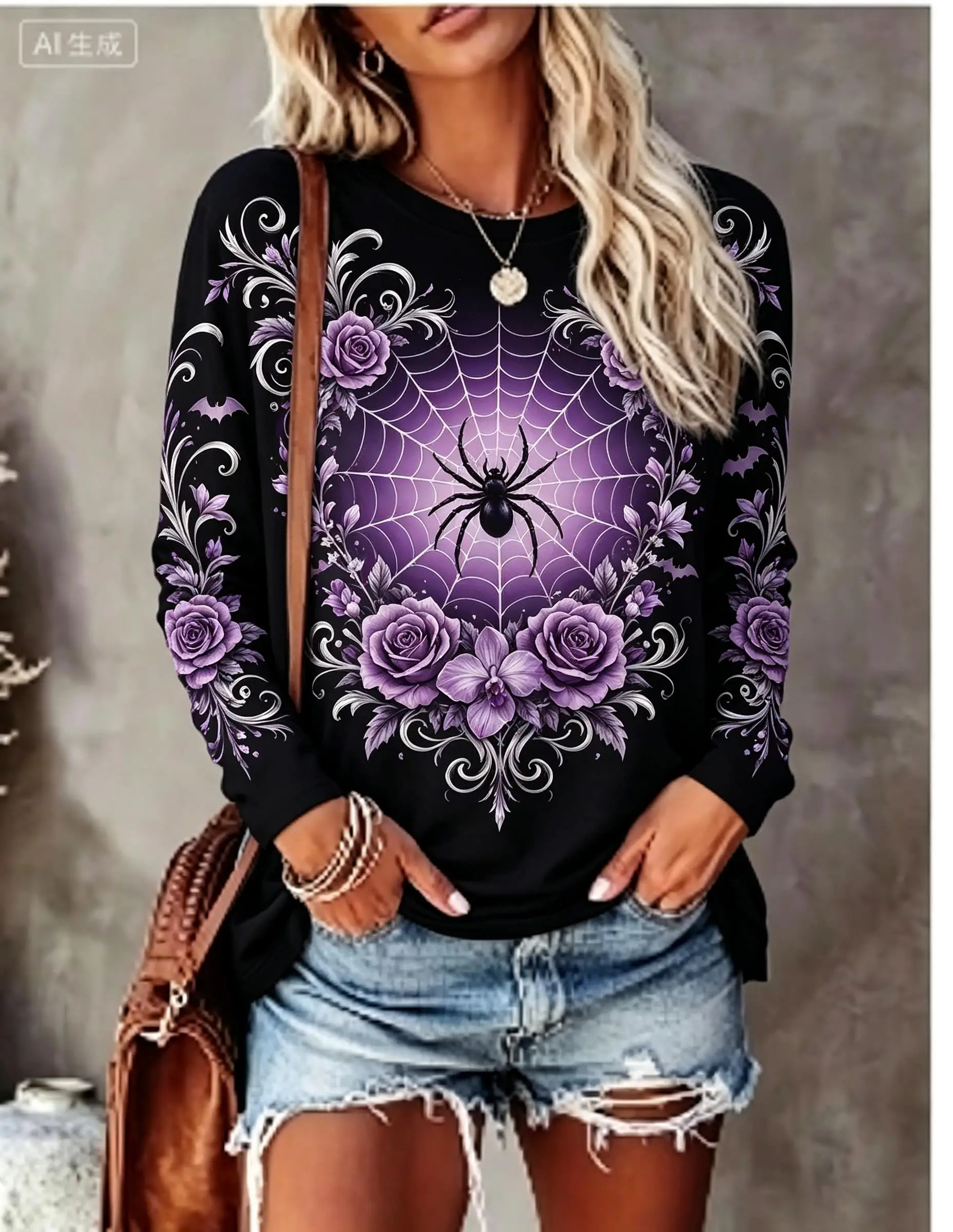 Women Halloween Long Sleeve T‑Shirt Spider Web Bat Floral Green Gradient Gothic Print Crew Neck Tops