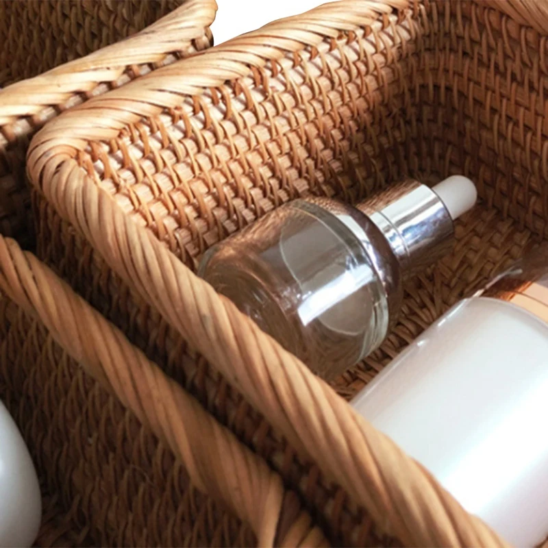 Hand-Woven Rectangular Rattan Wicker Basket Fruit Tea Snack Bread Picnic Cosmetic Storage Box Kitchen Household Tools