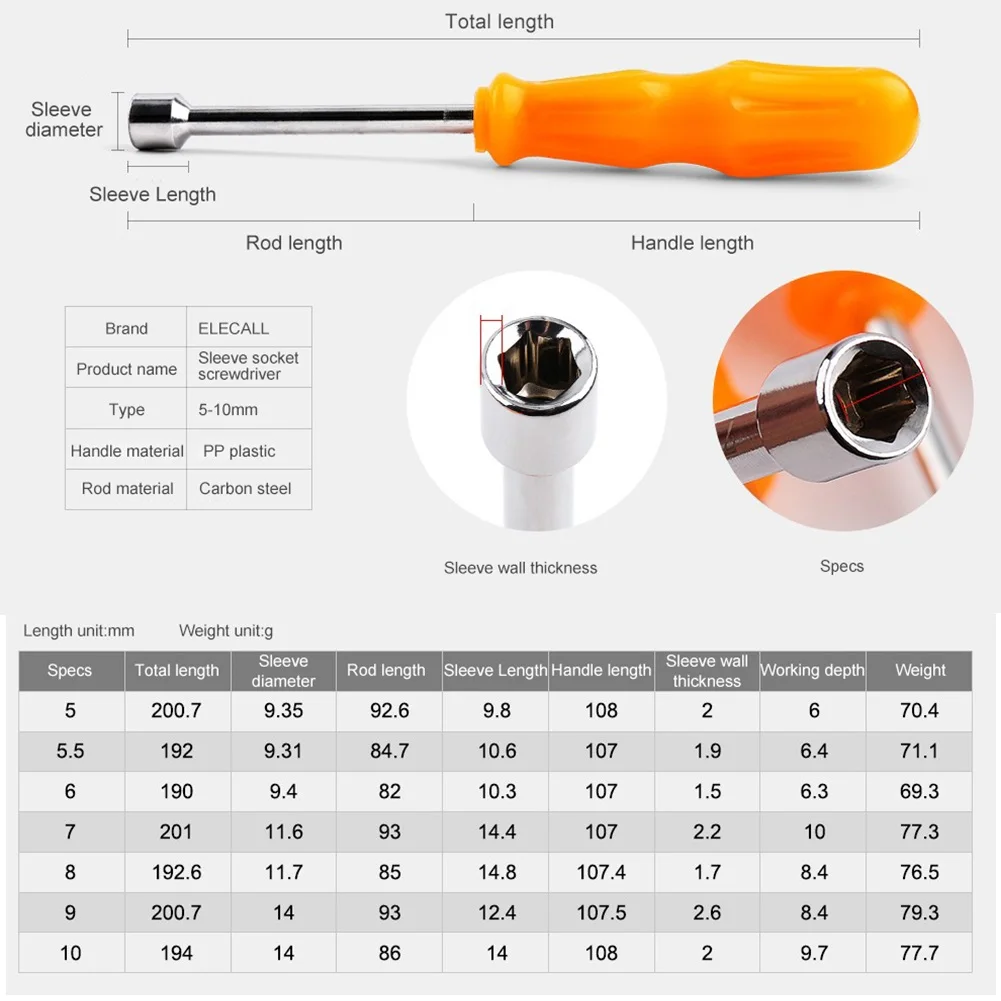 

Wrench Nut Shank Drill Bit Screwdriver Socket Socket Wrench 190-200mm 5/5.5/6/7/8/9/10mm Carbon Steel Durablew