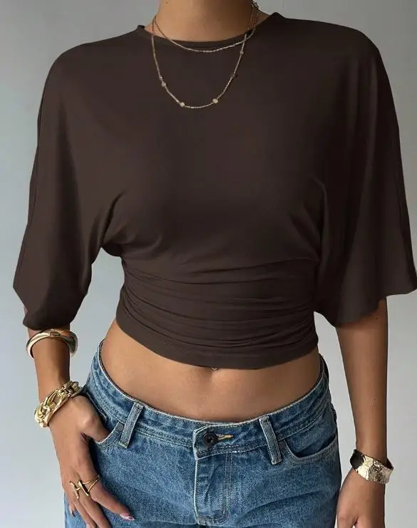 

2025 Summer New Women's Fashion Casual Solid Color Open Umbilical Mid Sleeve T-shirt Short Tight Top Women's Wear