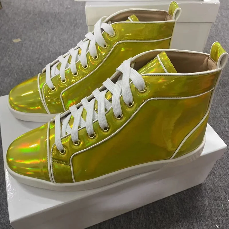 

Luxury Fluorescent Green Men Sneakers Fashion High Top Sneaker Lace-up Leather Casual Shoes Mens Dance Shoes Hip Hop Shoes