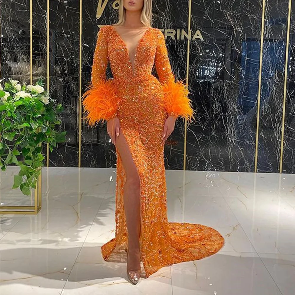 

Orange V-Neck Sequins Feather Beading Formal Evening Dresses Sexy Party Prom Gowns Customized