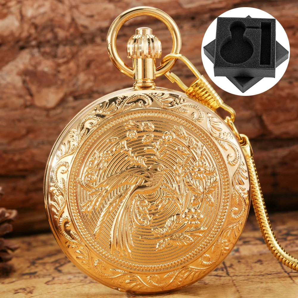 Elegant Charm Bird Flowers Design Golden Pure Copper Mechanical Self-Wind Pocket Watch Men Antique Style Gift Box Timepiece Male