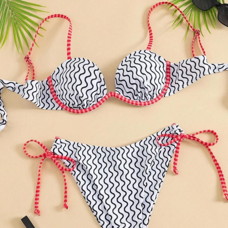 

2026New wave-patterned two-piece swimsuit for women, sexy tie-up bikini beach swimwear