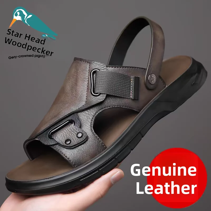 

Мужские сандалии Star Head Woodpeer, лето 2024, новые мягкие уличные пляжные тапочки из натуральной кожи с двумя сторонами