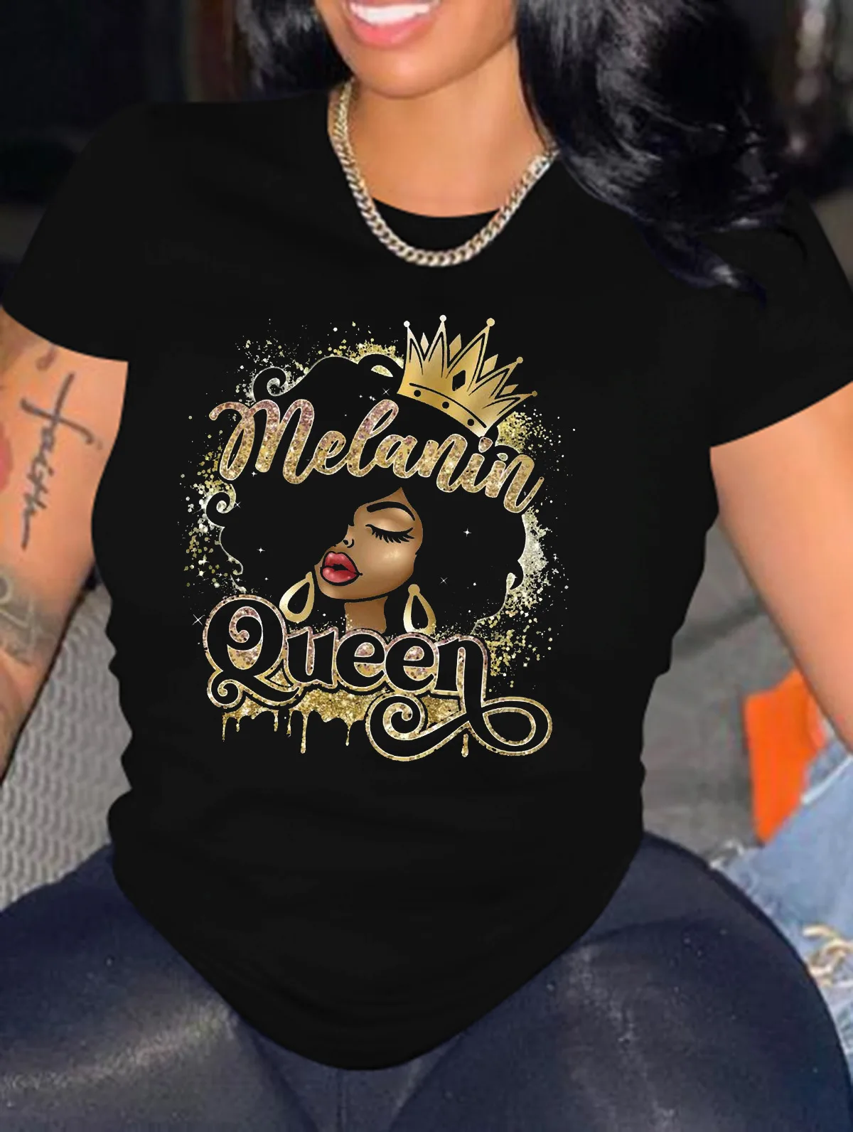 Camiseta gráfica casual feminina, blusa com gola redonda, roupa estampada da moda, primavera e verão, nova