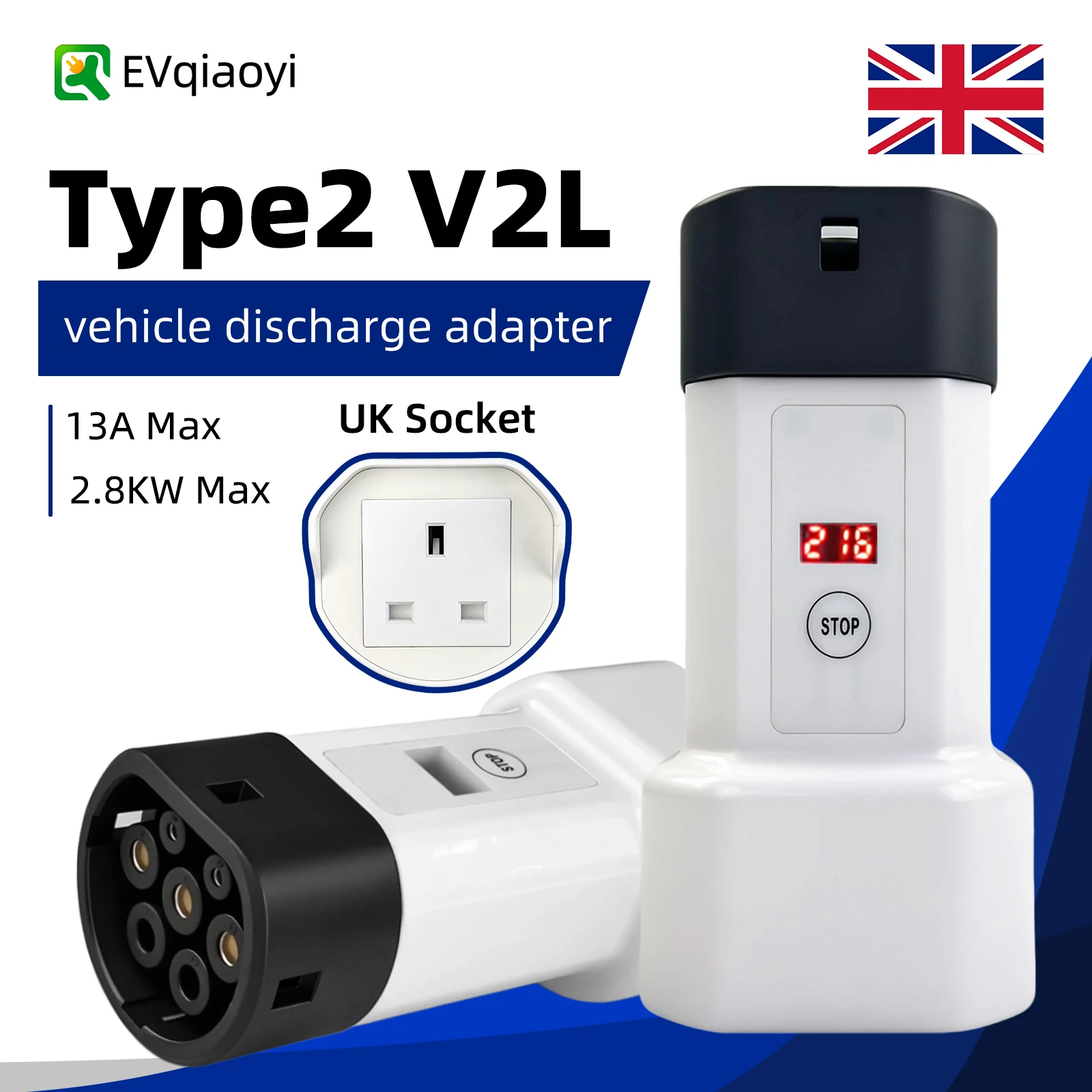 

EVqiaoyi Type 2 V2L Разрядник Британская розетка type 2 Разряд с для Renault Jaecoo Omoda BYD Hyundai Kia Xpeng Geely EX5