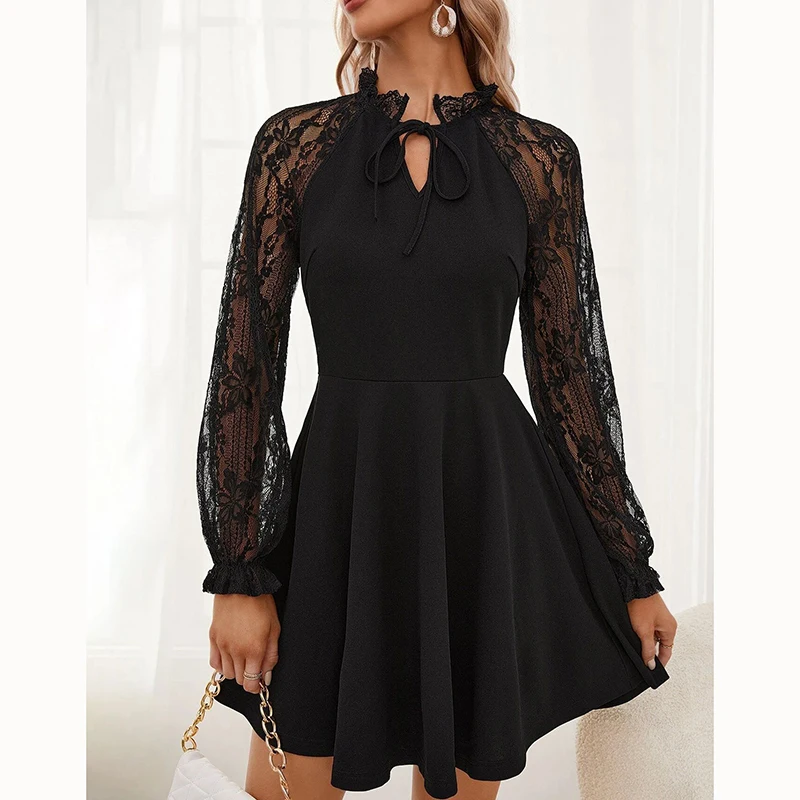 

2025 spring and summer new elegant women's short dress lace hollow long sleeve French black party dress slim fit splicing
