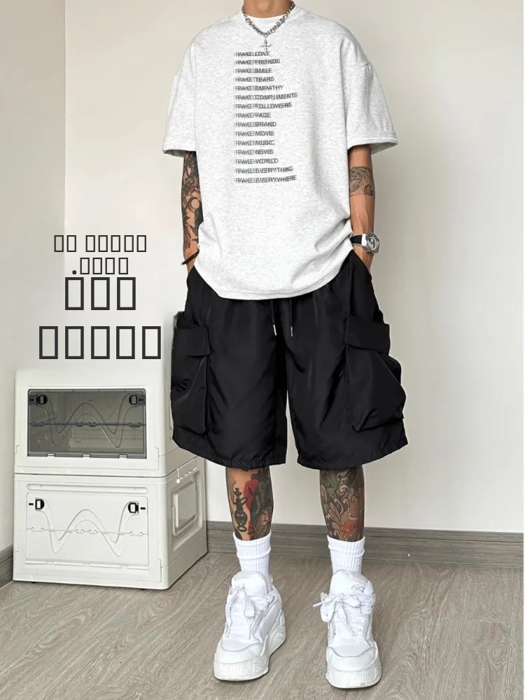 

Bla American Retro Workwear ort Pants Men's Summer Trendy Youth Casual Sports Five-Point Pants Loose Fit Breathable
