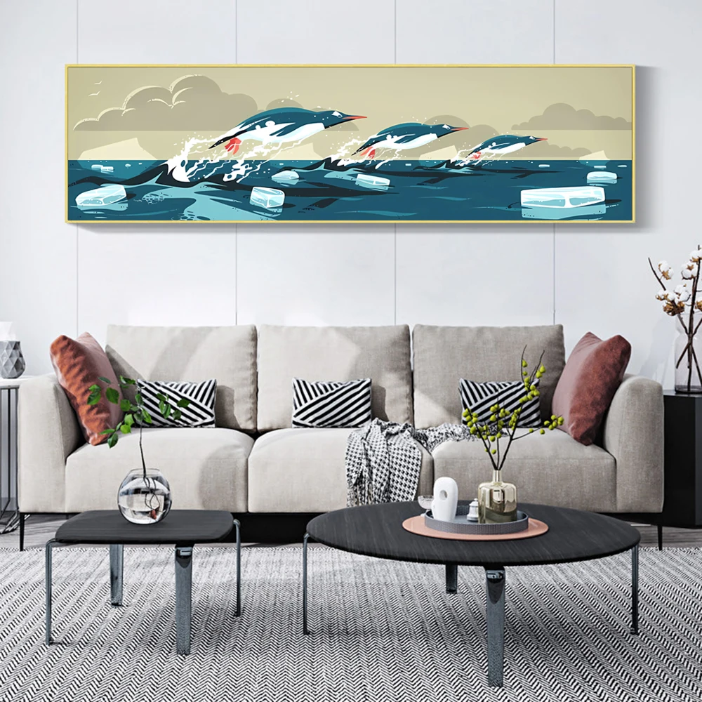 Abstract Antarctic Glacier Penguins crossing the Sea Poster Prints  Cartoon Canvas Painting Wall Art for Kis Bedroom Home Decor