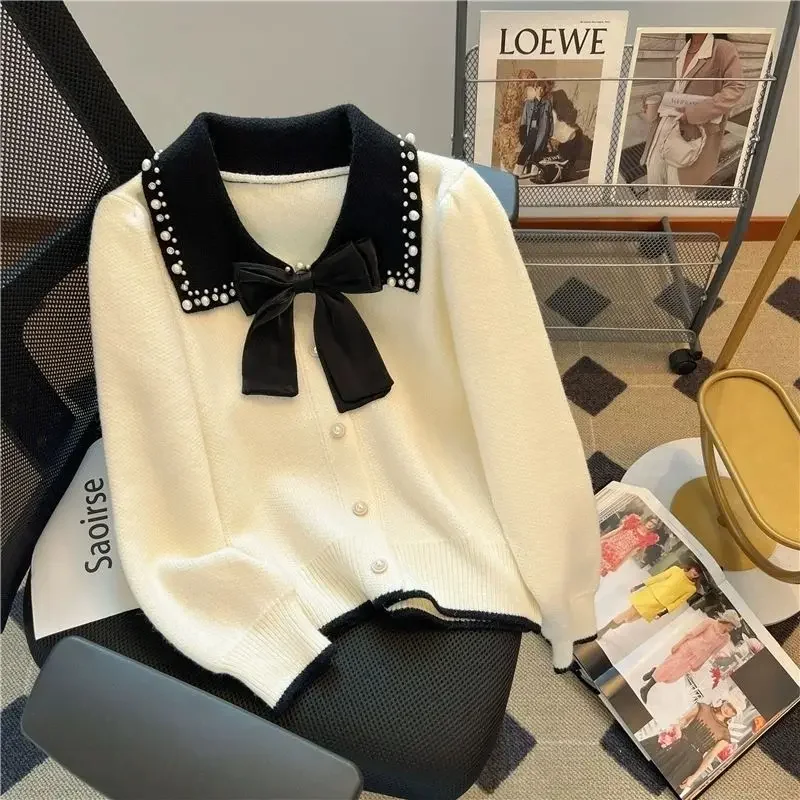 Neploe Vintage Sweet French Style Small Fragrance Bow Knit Top Exquisite Ladies Chic Heavy Pull Femme Beading Panelled Cardigan