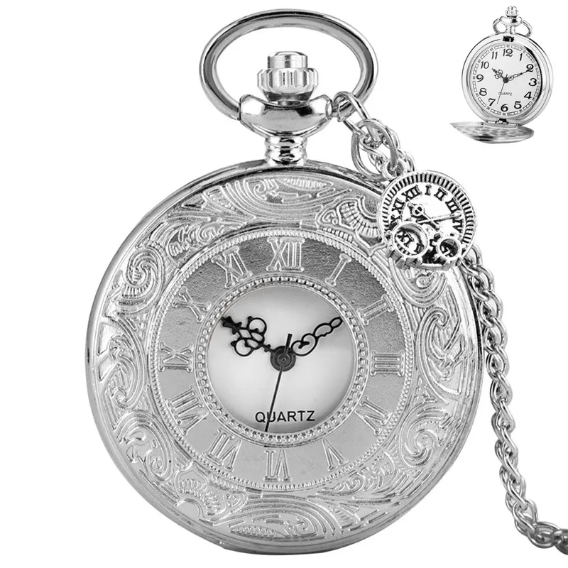 

Silver Vintage Engraved Roman Numeral Cover Hollow-out Quartz Pocket Watch with Mini Charm Necklace Chain Clock for Men Women