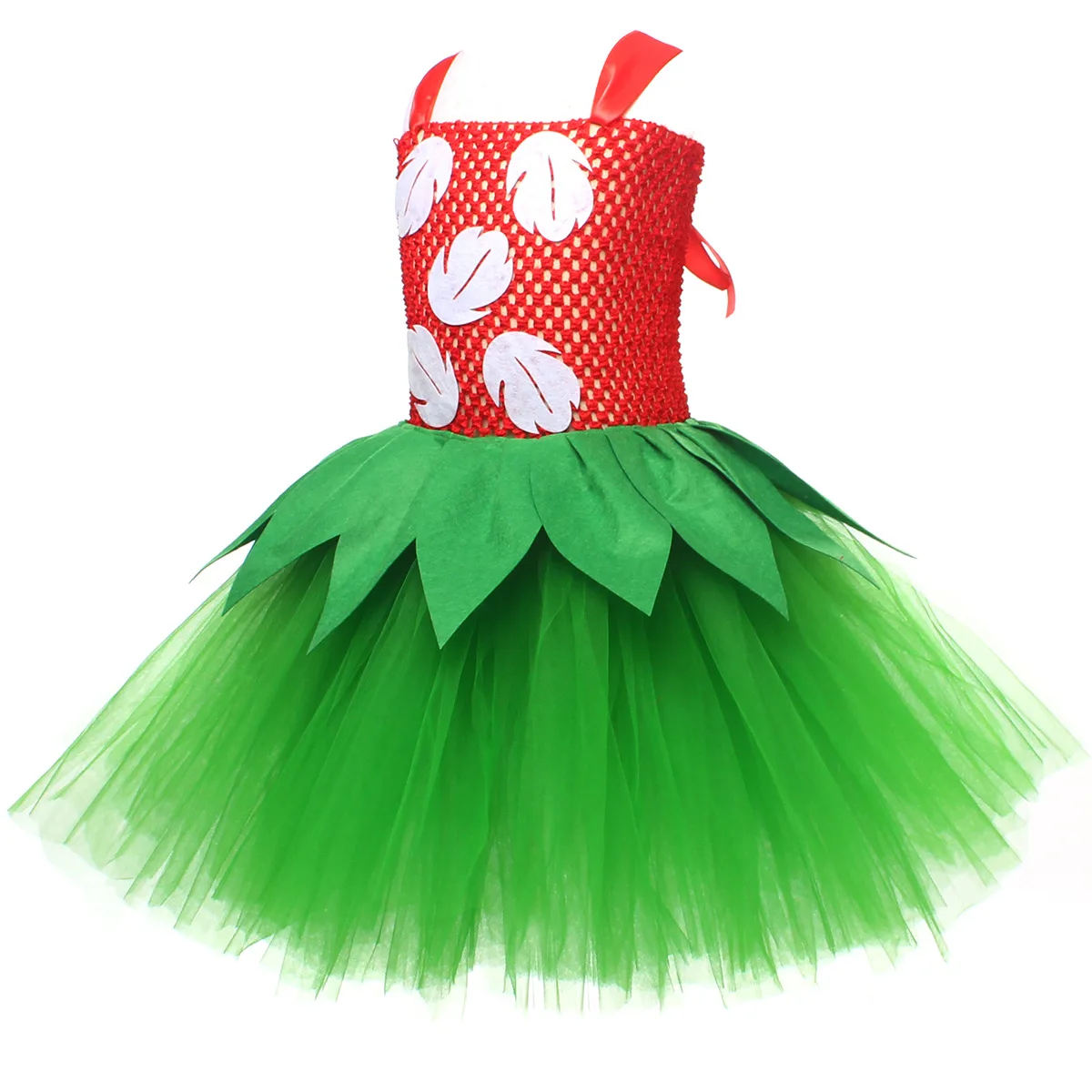 Girls Lilo Costume Set Red Green Tulle Dress with Leaf Decor Includes Wreaths Wig Bag Halloween Luau Party Fancy Dress