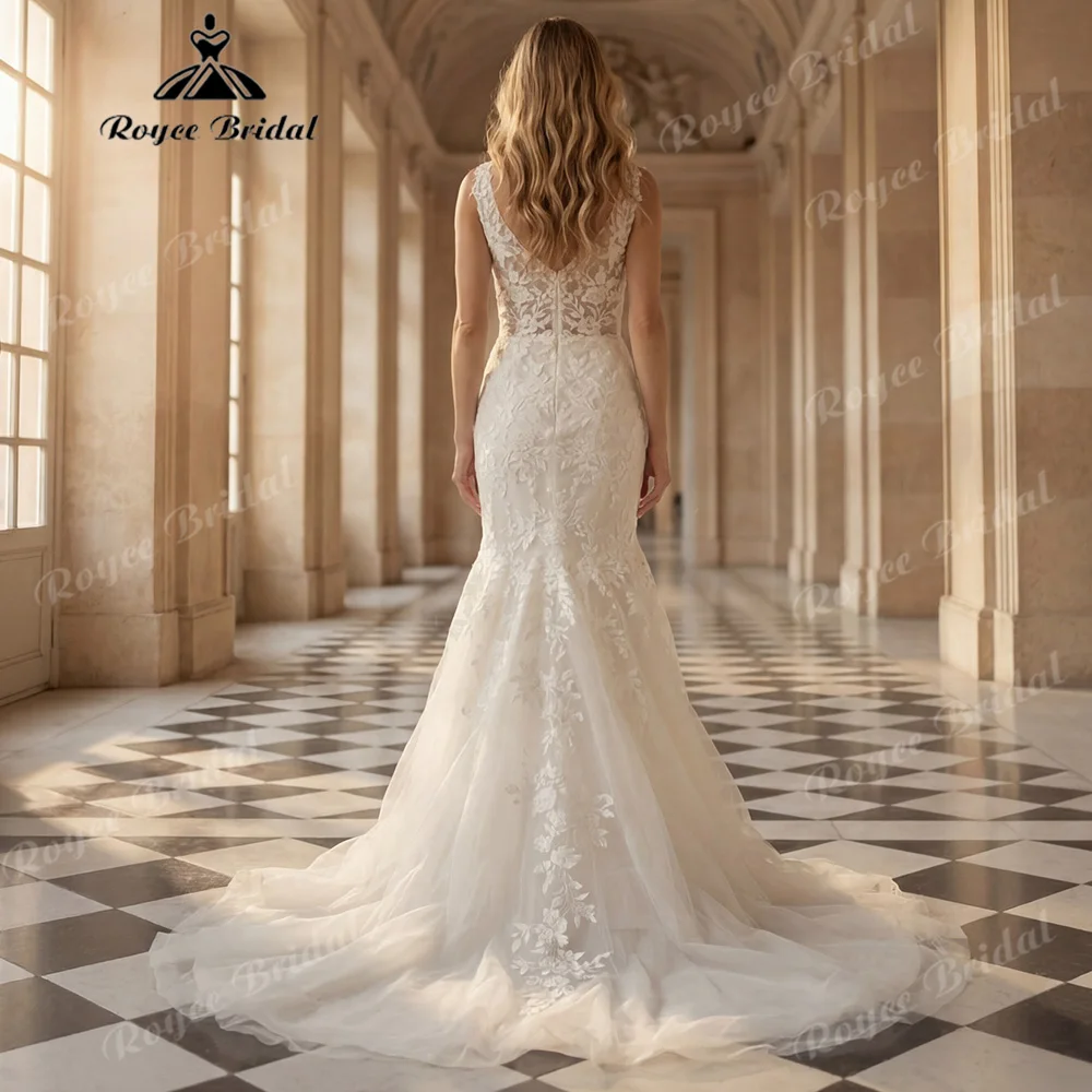 2027 Roycebridal Deep V Neck Mermaid Wedding Dress Sleeveless Floral Lace Applique V‑Back Tulle Abiti Da Sposa Customized