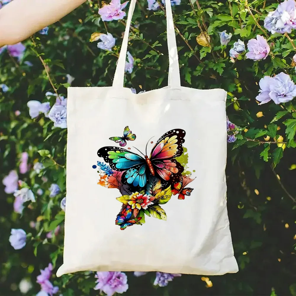 

Eco Reusable Canvas Shopping Bag Cute Butterflies Graphic Print Tote Aesthetic Travel School Book Bag Pretty Gift for Women