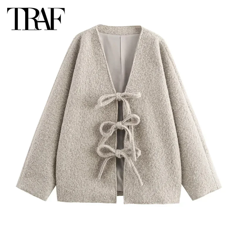 TRAF 2024 Women's Wool&Blends Coat Warm Winter Large Size Jacket Elegant Casual Butterfly Lace-Up Long Sleeve New In Outerwears