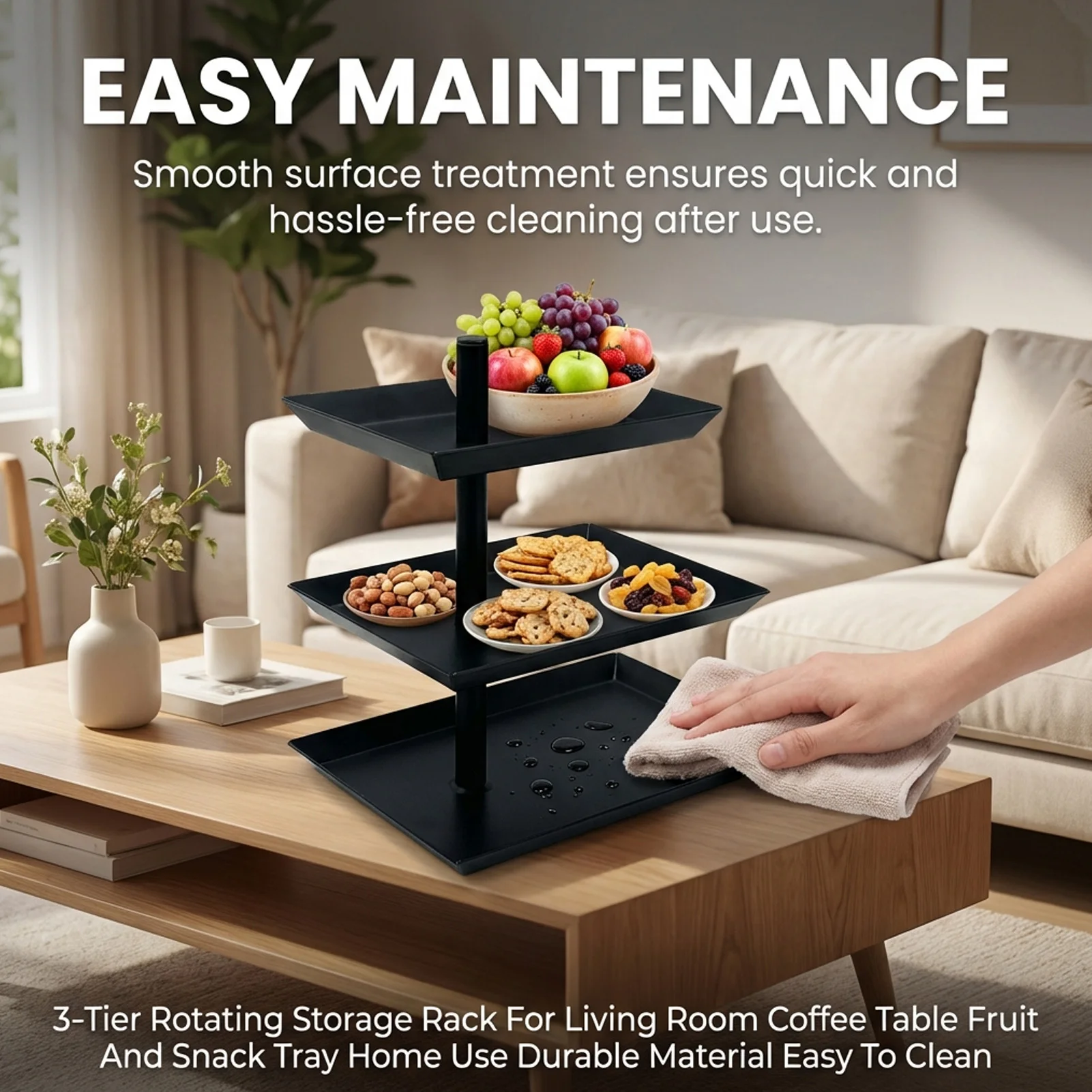 

3-уровневая вращающаяся подставка для хранения вещей для гостиной, журнального столика, поднос для фруктов и закусок, для домашнего использования, прочный материал, легко чистится