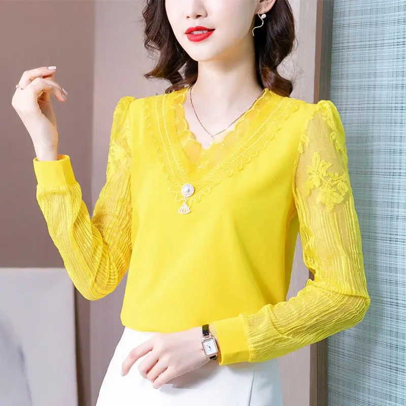 Women's 2024 Spring Autumn New Fashion Elegant Solid Color Lace V-neck Long Sleeved Pullover Bottom Loose T-shirts Chiffon Tops