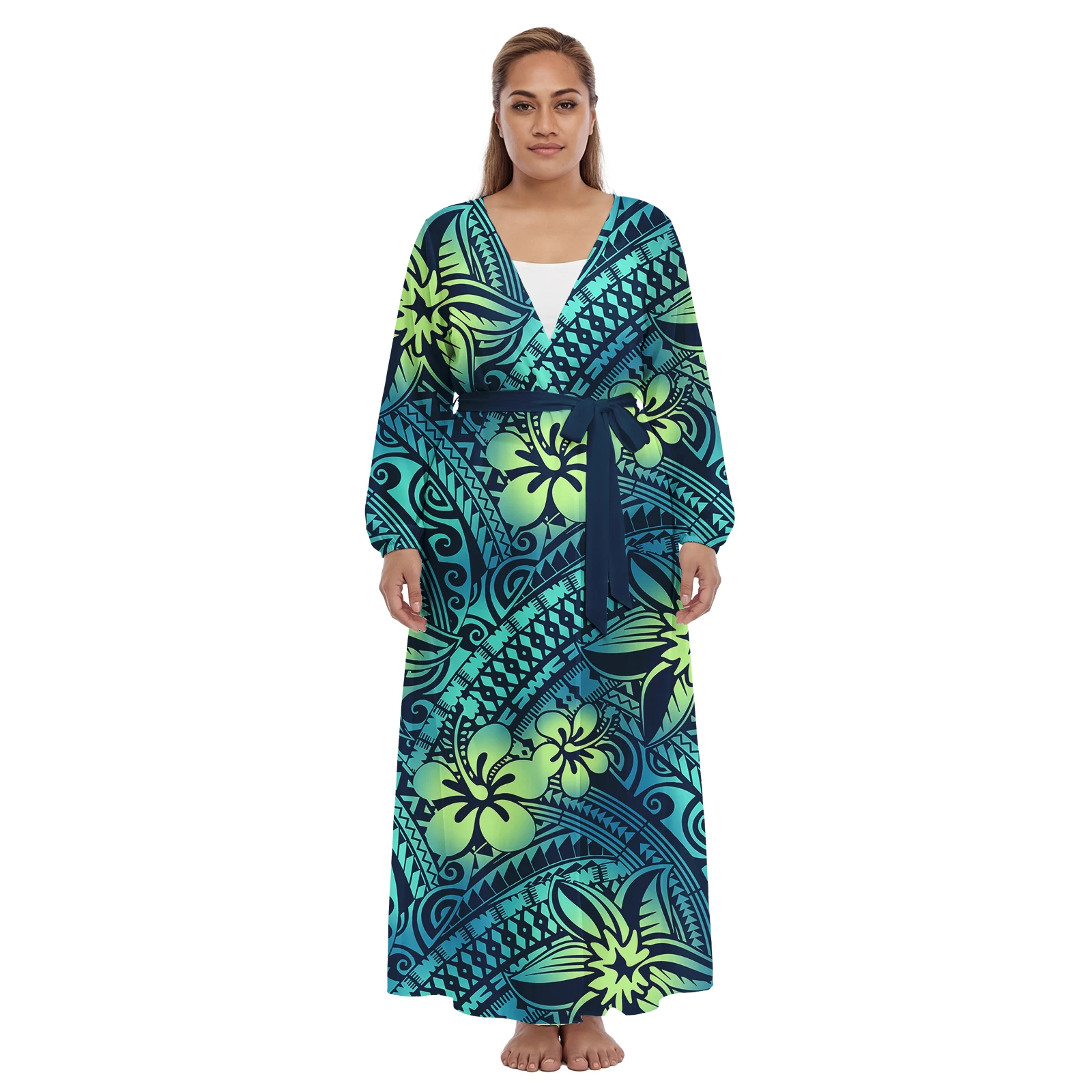 Tropical Pattern Custom Floral Print Polynesian Cover up Beach Wear Hawaiian Long Sleeve Sashes Dresses Samoan Jacket Cardigan