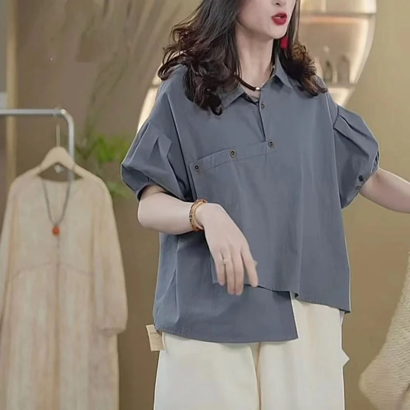 

Women's Cotton Irregular Shirt and Blouse, Korean Stylish Bubble Sleeve, Loose Thin Oblique Buckle Top, New, Summer, 2024