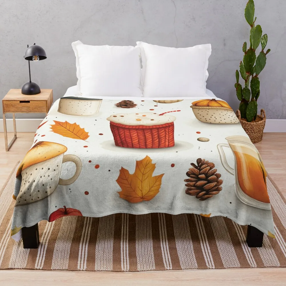 

A vibrant and autumnal pattern design featuring various fall-themed elements on a white background. Throw Blanket