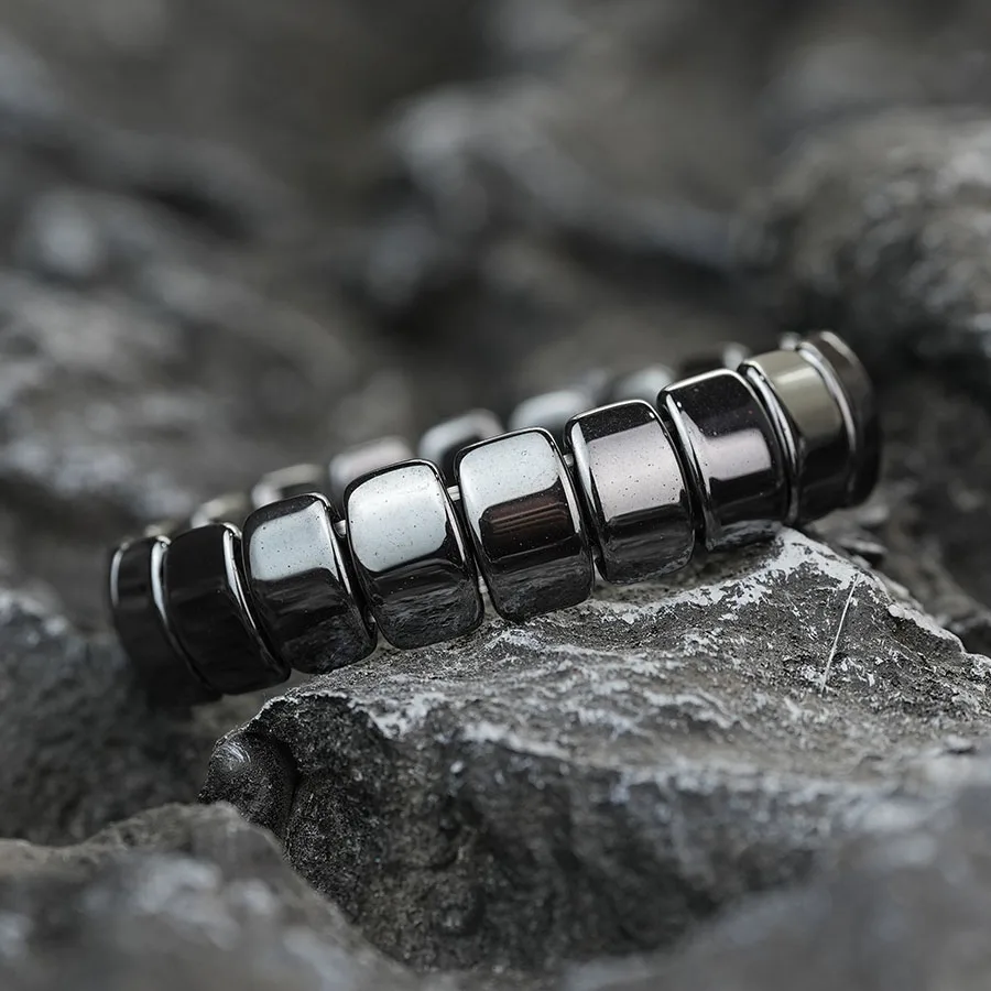 Geometric Hematite Bracelet for Men Biker Jewelry Grey Metal Energy Stone Therapy Punk Style Bangle for Him