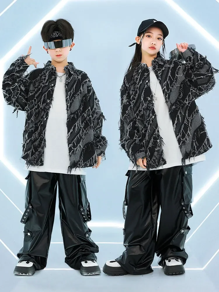 Детская одежда в стиле хип-хоп, черная джинсовая рубашка с необработанным подолом, топ из искусственной кожи, повседневные брюки-карго с ремешком для девочек и мальчиков, костюм для джазовых танцев, одежда